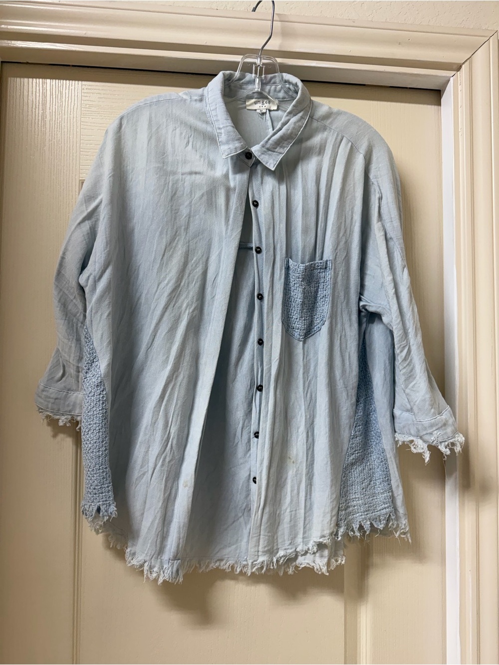 Umgee Light Blue Chambray Button-Up Shirt with Frayed Hem